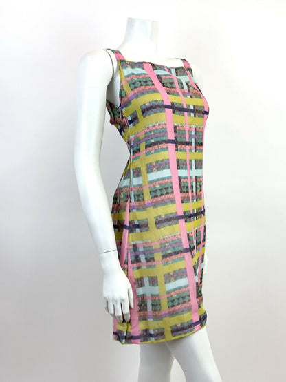 VINTAGE 60s 70s BLUE PINK YELLOW CHECKED BATIK MOD SHEER STRAPPY MINI DRESS 6 8