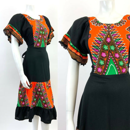 VINTAGE 60s 70s BLACK ORANGE GREEN FLORAL BOHO FOLK RUFFLED MIDI DRESS 12 14