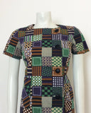 VINTAGE 60S NAVY GREEN WHITE BROWN CHECKERED COTTON MINI DRESS 12