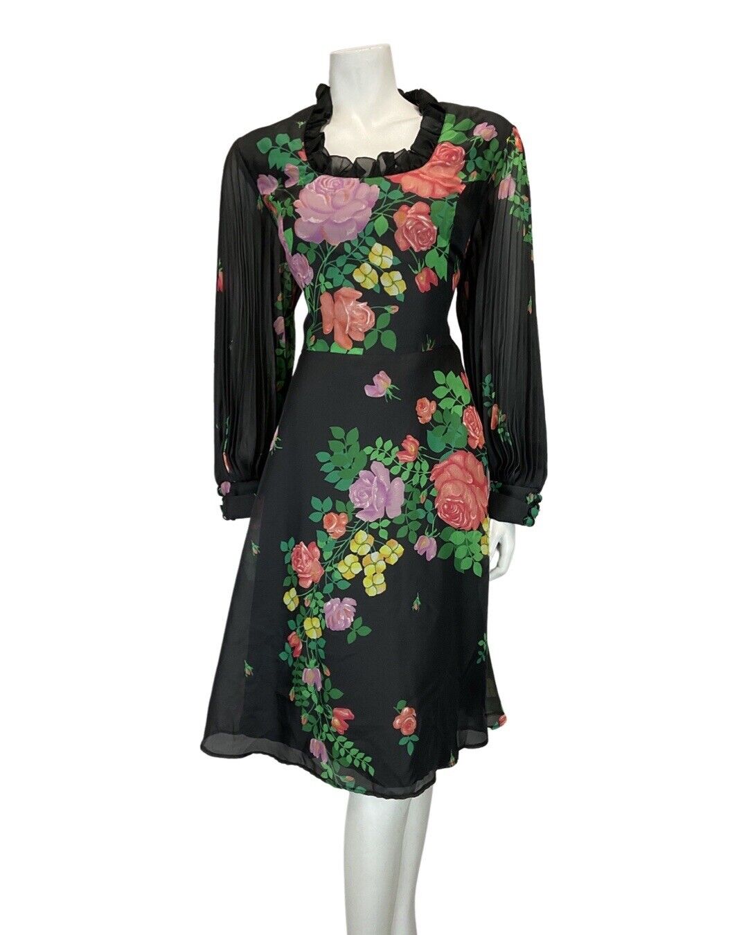 VINTAGE 60s 70s BLACK GREEN LILAC FLORAL PLEATED LONGSLEEVE SWING DRESS 14 16