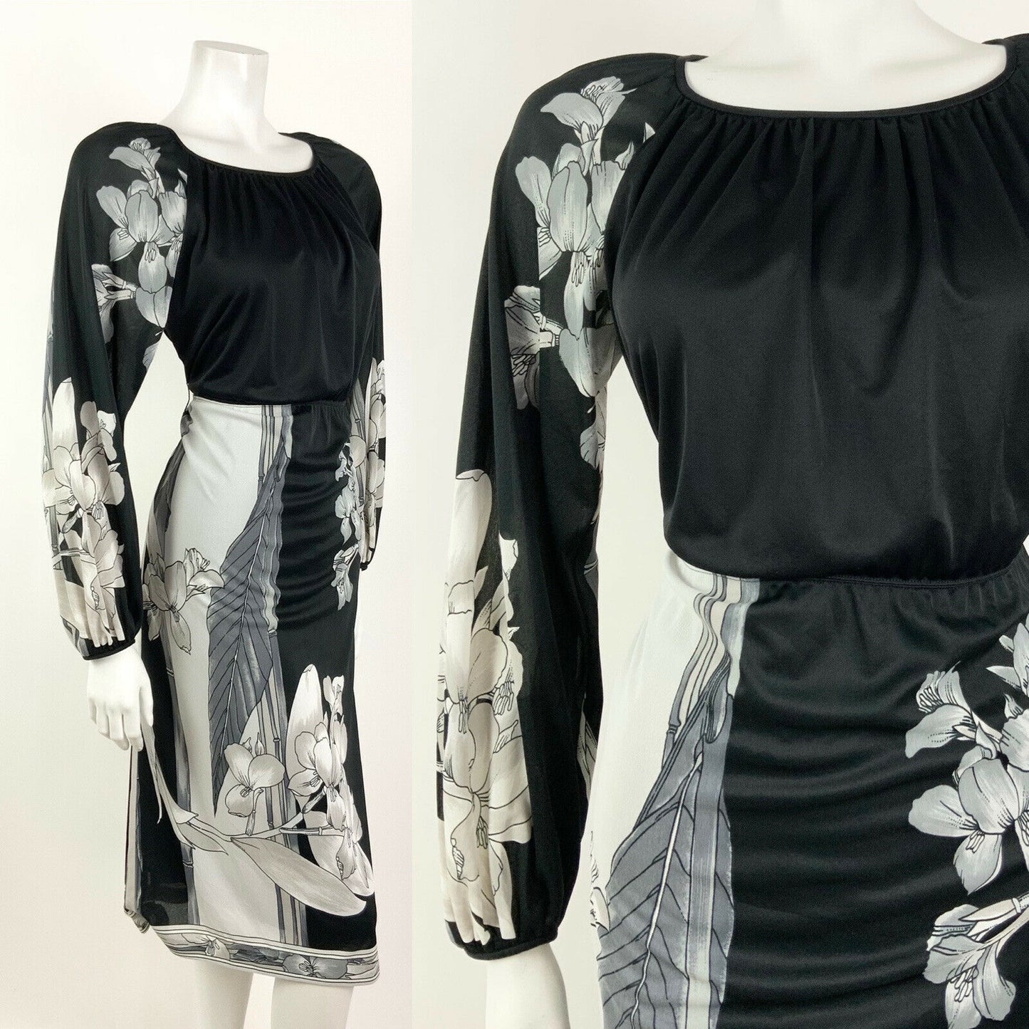 VINTAGE 60s 70s BLACK SILVER WHITE FLORAL LEAFY BOHO MIDI DRESS 8