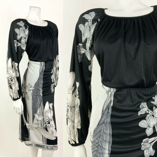 VINTAGE 60s 70s BLACK SILVER WHITE FLORAL LEAFY BOHO MIDI DRESS 8