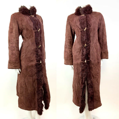 VTG 60s 70s MAHOGANY RED BROWN SUEDE LEATHER SHEARLING BOHO TOGGLE COAT 10 12