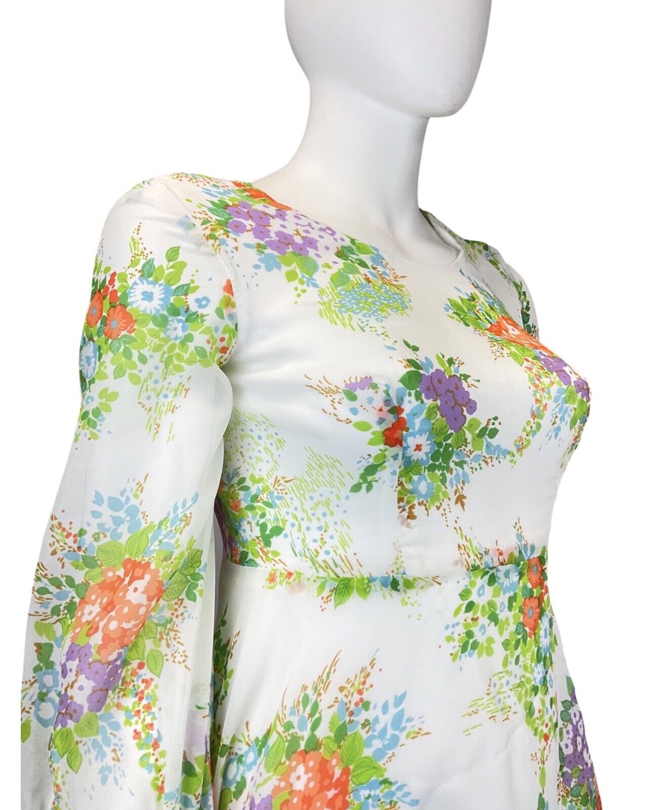 VINTAGE 60s 70s WHITE GREEN ORANGE FLORAL BOUQUET SHEER PRARIE MAXI DRESS 14 16