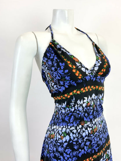 VINTAGE 60s 70s BLACK BLUE ORANGE WHITE FLORAL PSYCHEDELIC HALTER MINI DRESS 10