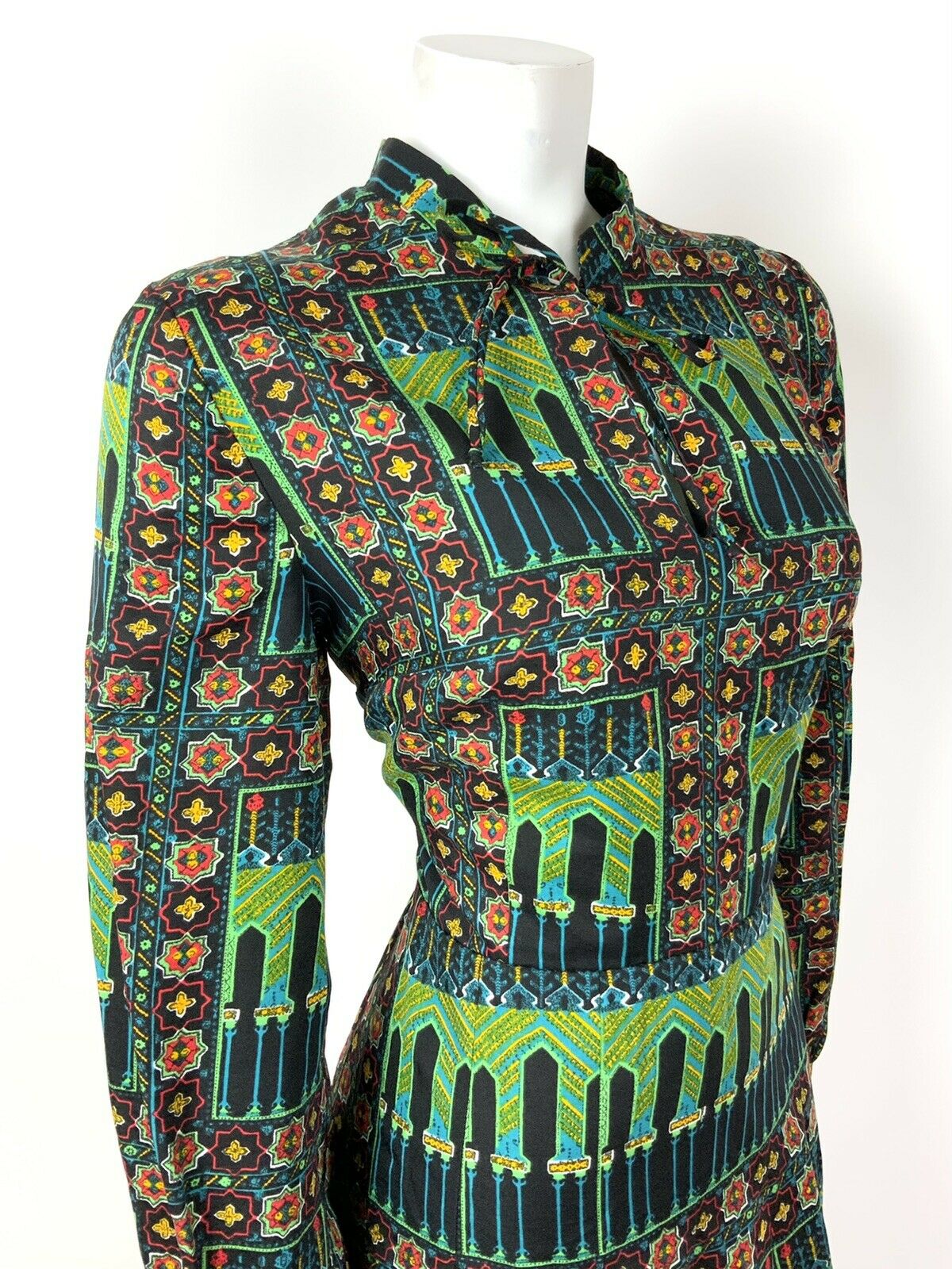 VTG 60s 70s BLACK GREEN YELLOW RED MOROCCAN TILE PSYCHEDELIC DRESS 12 14