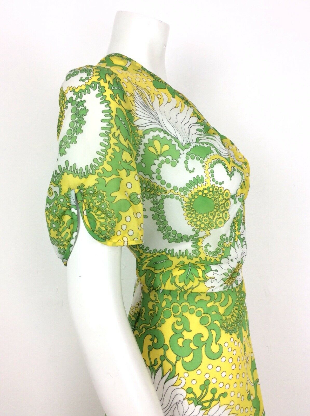 PSYCHEDELIC 70S VINTAGE YELLOW GREEN WHITE FLORAL DRESS 14