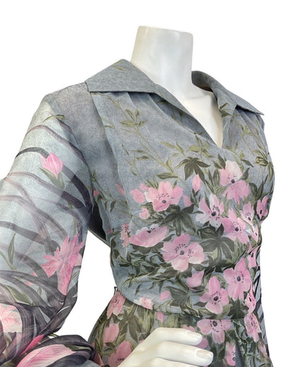 VINTAGE 60s 70s GREY PINK WHITE FLORAL BLOSSOM SHEER SHIRT COLLAR MAXI DRESS 14