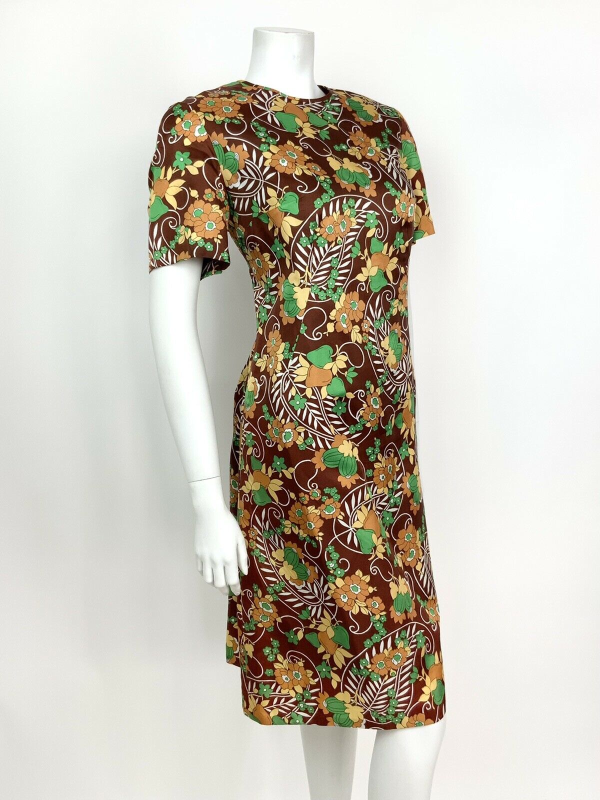 VINTAGE 60s 70s BROWN GREEN WHITE CREAM PAISLEY LEAF FLORAL SHIFT DRESS 12 14