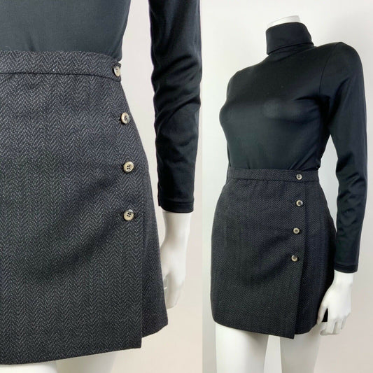 VINTAGE 60s 70s CHARCOAL GREY ZIG-ZAG MOD PREPPY WORKING GIRL WRAP SHORT SKIRT 8