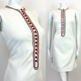 VINTAGE 60s 70s WHITE RED GREEN BUTTON BIB FRONT MOD SCOOTER SHIFT DRESS 6 8