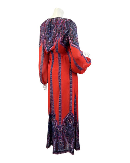 VINTAGE 60s 70s RED PURPLE BLACK FLORAL MANDALA BOHO FOLK MAXI DRESS 14