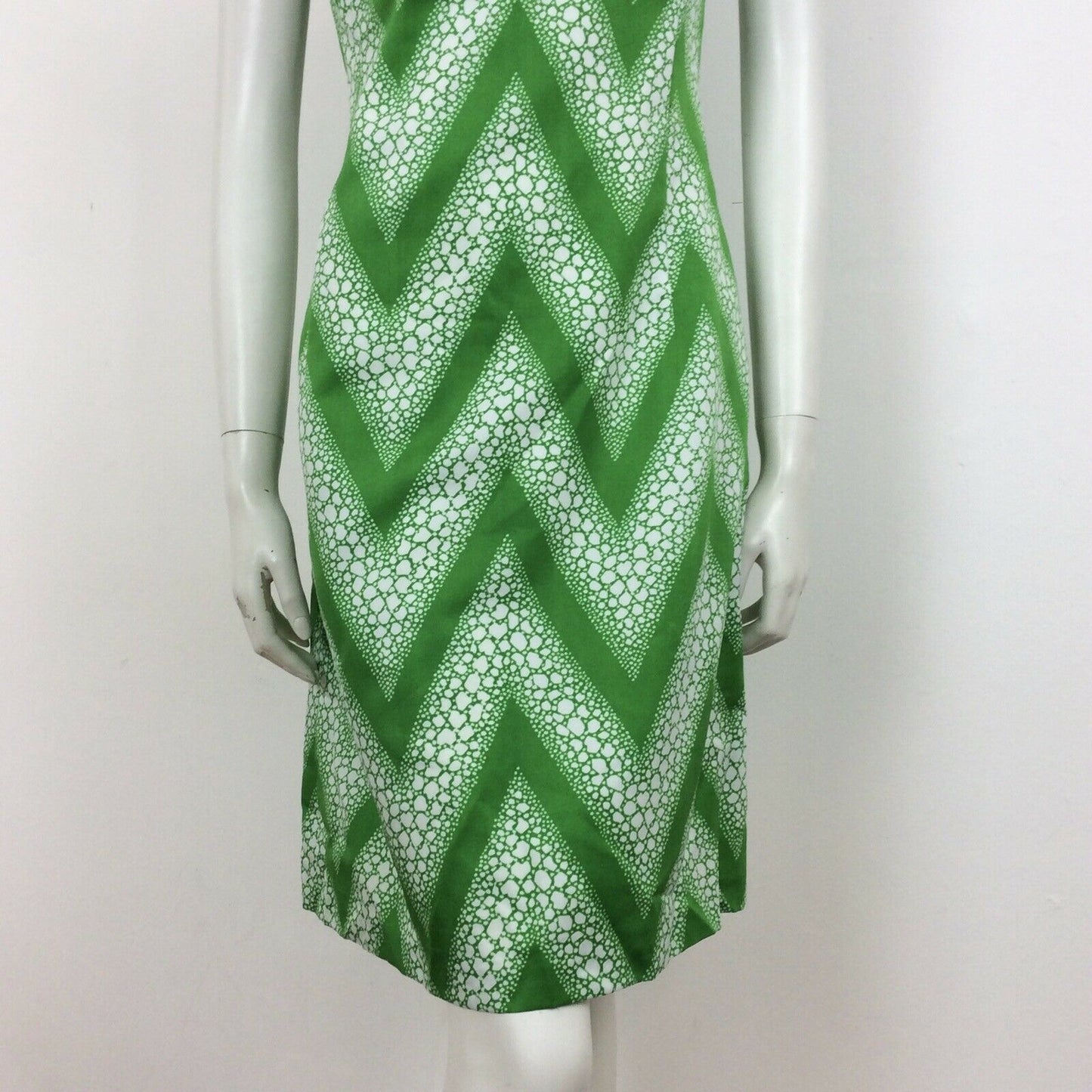 70S VINTAGE APPLE GREEN WHITE CHEVRON PUSSYBOW NECK DRESS 12 14