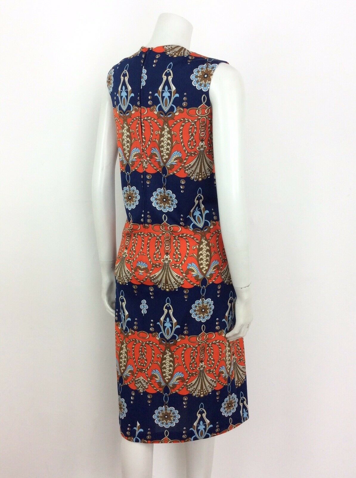 VTG 60s 70s FLORAL ROPE NAUTICAL NAVY BLUE ORANGE RED BROWN SHIFT DRESS 14 16