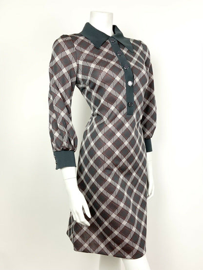 VTG 60s 70s GREY WHITE RED GEOMETRIC CHECKED SHIRT COLLAR MOD SHIFT DRESS 10 12