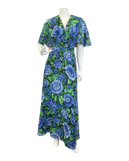 VINTAGE 60s 70s BLUE GREEN BLACK FLORAL CAPE SLEEVE SUMMER MAXI DRESS 10 12