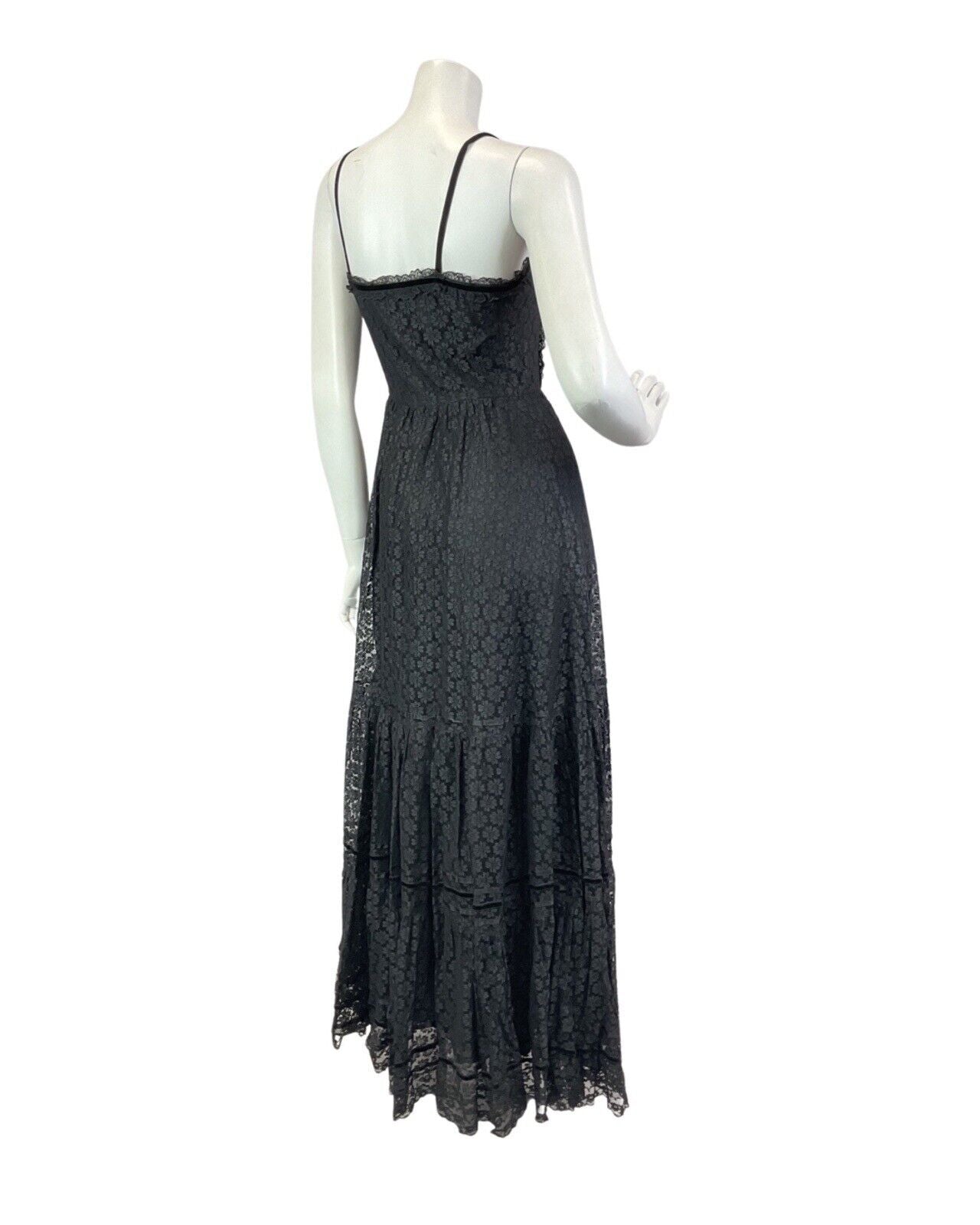 VINTAGE 70s 80s BLACK DAISY FLOWER LACE STRAPPY SUMMER COVEN BOHO MAXI DRESS 6