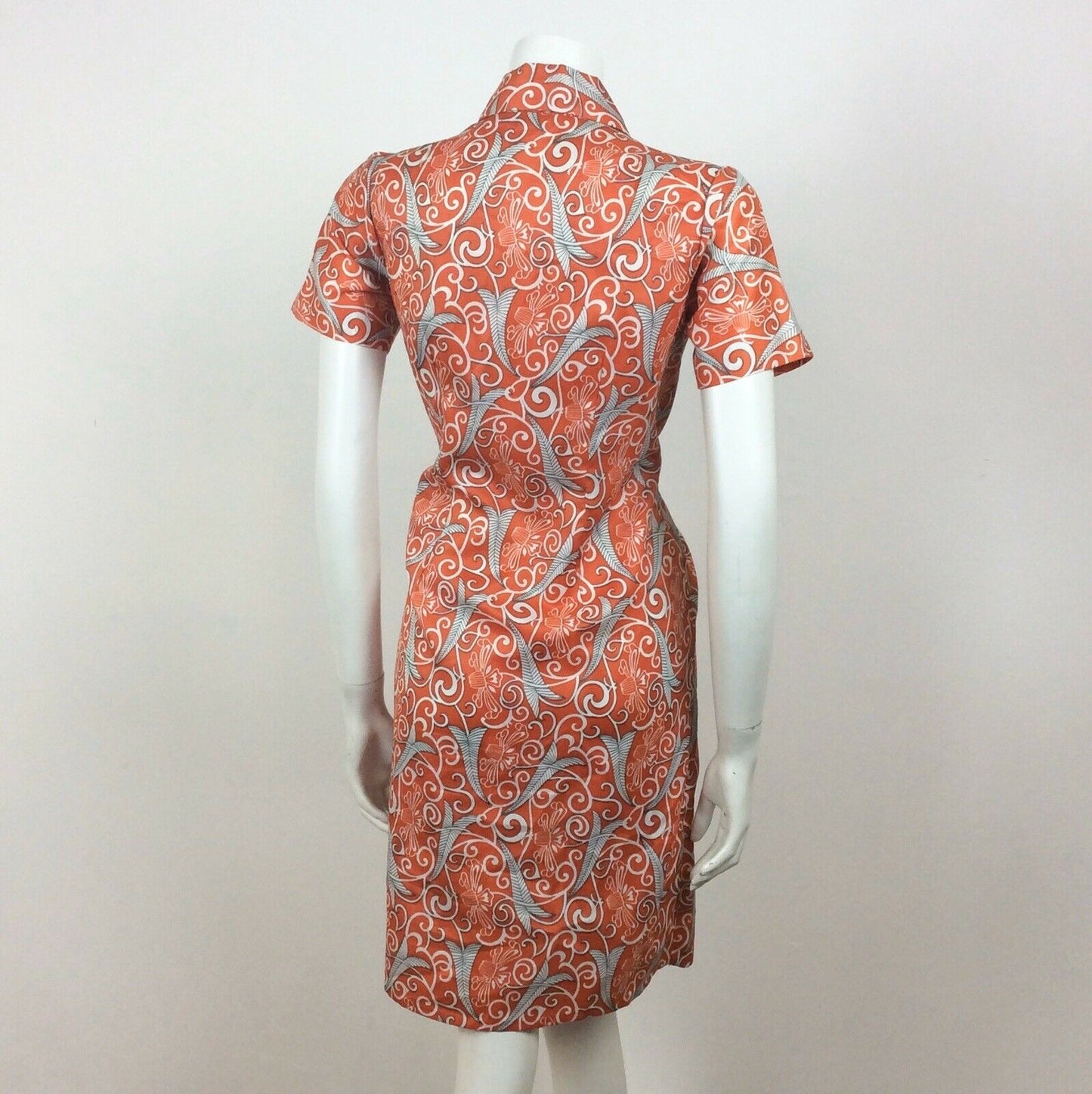 AMAZING ORANGE RED BLACK WHITE FLORAL PRINT 60S 70S DAGGER COLLAR DRESS 10 12