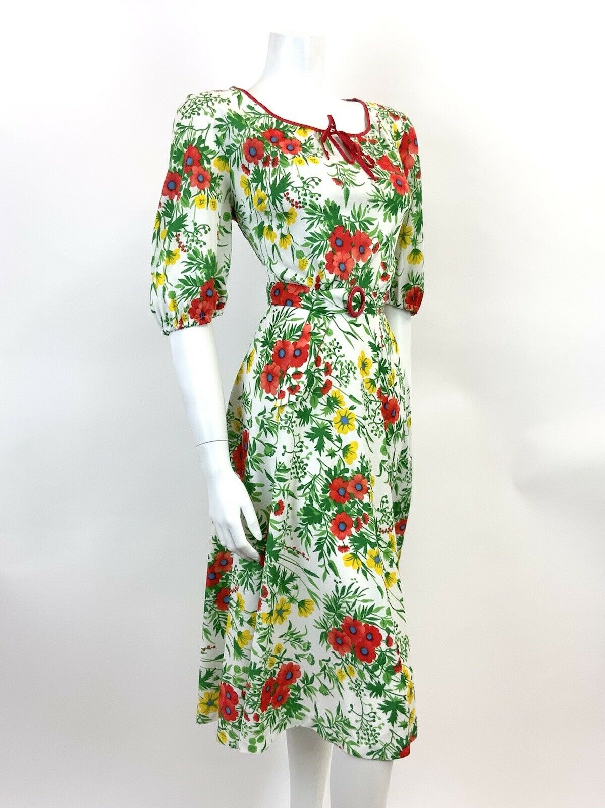 VINTAGE 60s 70s WHITE GREEN RED YELLOW FLORAL GARDEN PARTY BLOUSON DRESS 10