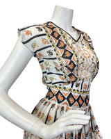 VTG 60s 70s WHITE BLACK ORANGE GEOMETRIC FLORAL BOHO FOLK MAXI DRESS 6