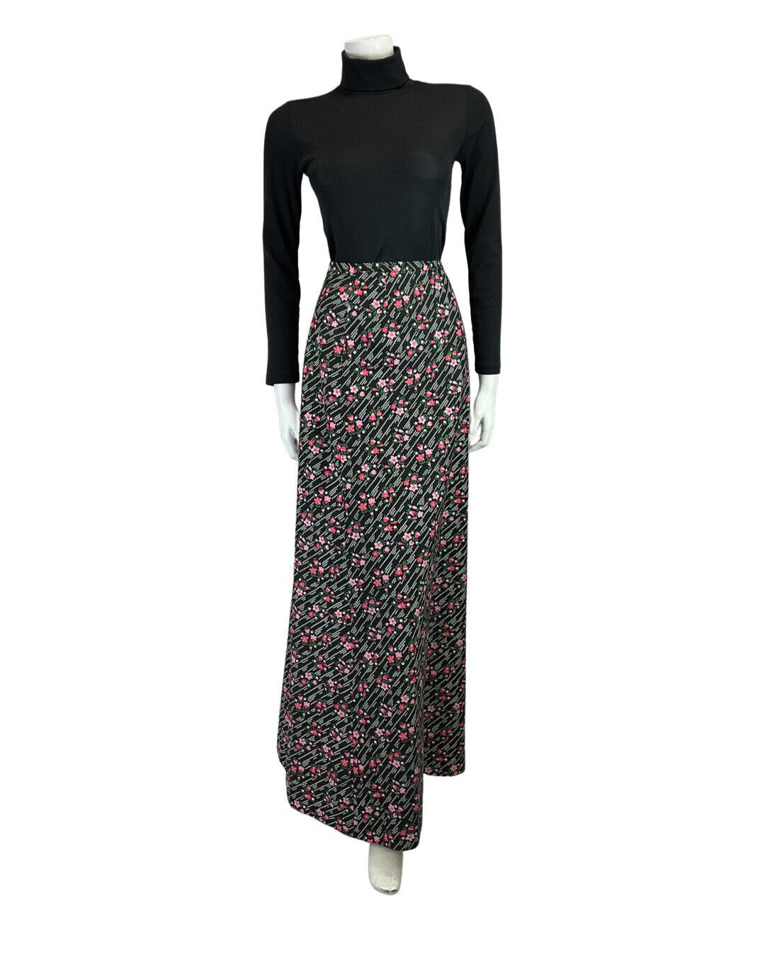 VINTAGE 60s 70s BLACK WHITE PINK ZIG-ZAG FLORAL DAISY MOD BOHO MAXI SKIRT 8 10