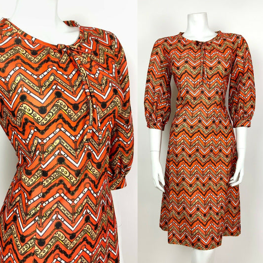 VTG 60s 70s ORANGE BLACK WHITE CHEVRON BELT CHAIN BUCKLE PSYCHEDELIC DRESS 12 14