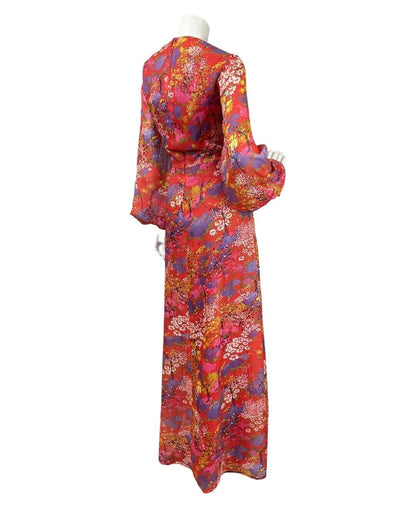 VINTAGE 60s 70s RED PURPLE WHITE DITSY FLORAL PSYCHEDELIC SHEER MAXI DRESS 16 18