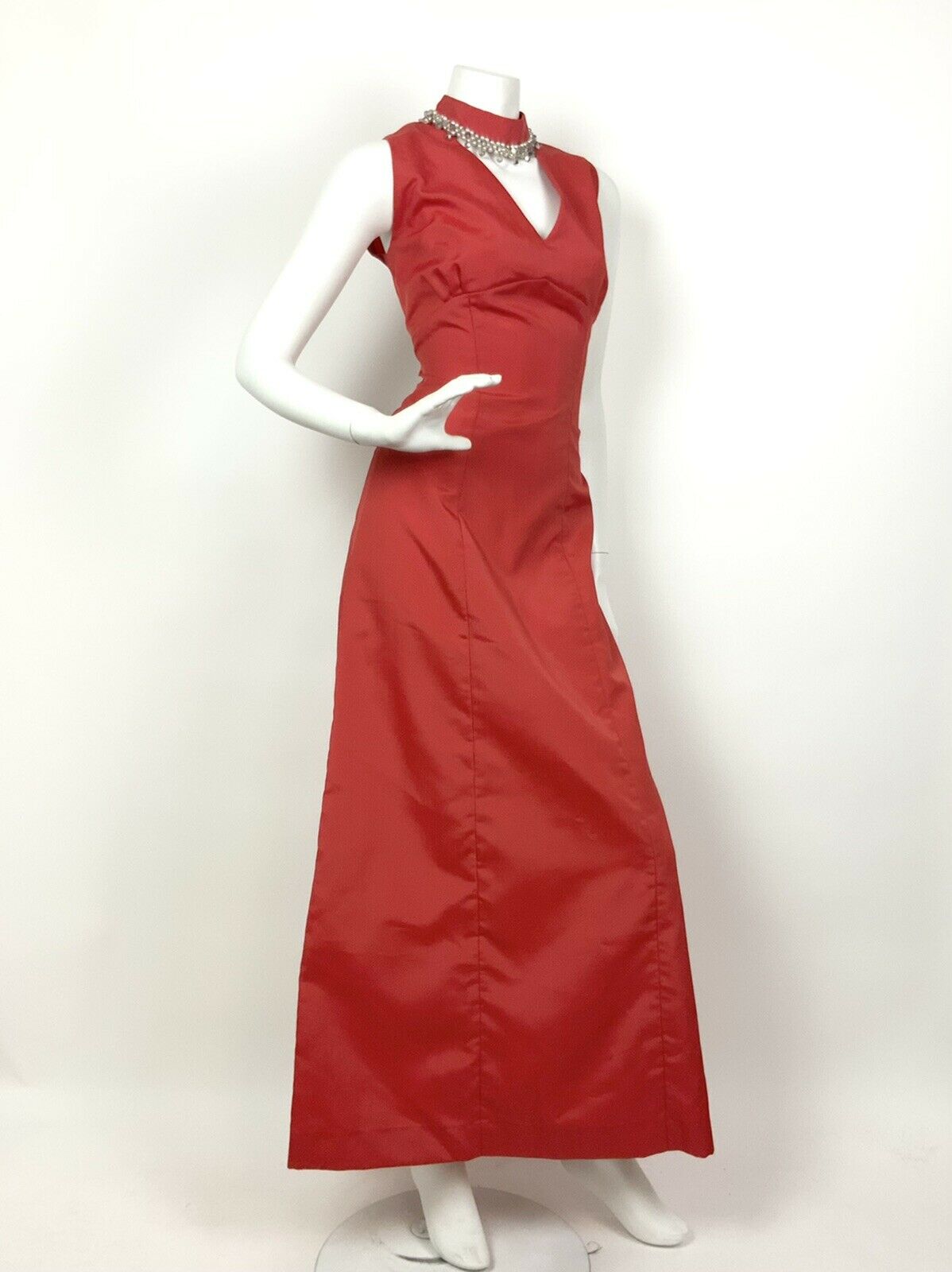 VINTAGE 60s 70s RED PEARL DISCO BALL DIAMANTE BEADED CUT-OUT MAXI DRESS 10