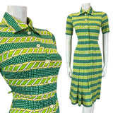 VINTAGE 60s 90s LIME GREEN WHITE STRIPED DOTTY GEOMETRIC MOD SHIRT DRESS 6 8