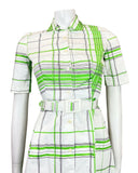 VINTAGE 60s 70s WHITE GREEN BLACK CHECKED GRID BELTED SHIRT DRESS 6 8