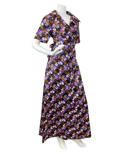 VTG 60s 70s BROWN PURPLE BLACK CHECKED FLORAL DAISY DAGGER SHIRT MAXI DRESS 12