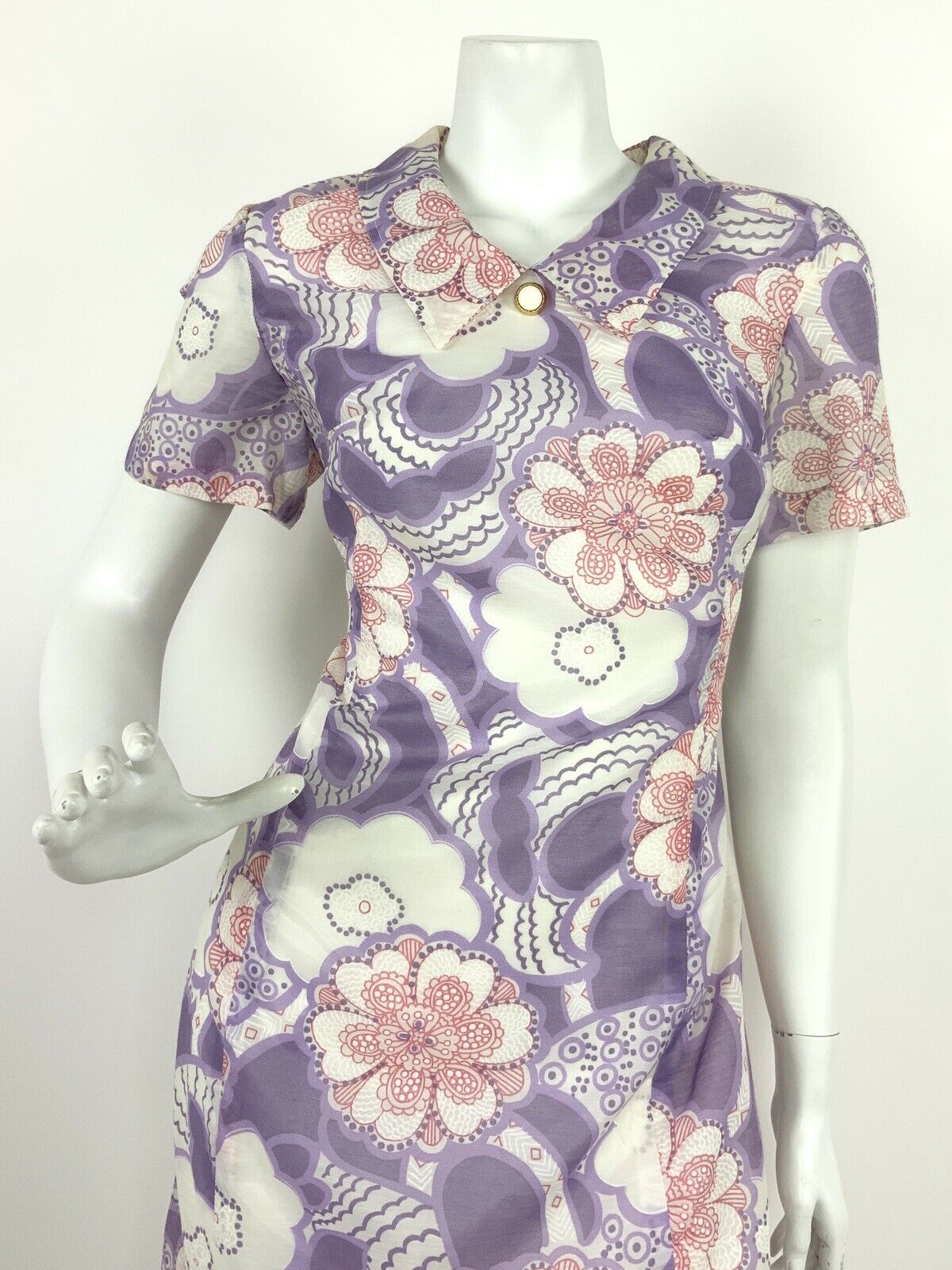 VINTAGE 60s 70s WHITE PINK PURPLE FLORAL DAISY PAISLEY PSYCHEDELIC DRESS 12 14