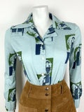 VTG 60s 70s DENIM BLUE GREEN ART DECO 20S FIGURE DOVE VINE DAGGER BLOUSE 10 12