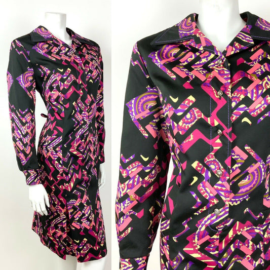 VINTAGE 60s 70s BLACK PINK PURPLE PAISLEY ZIGZAG PSYCHEDELIC SHIRT DRESS 12 14