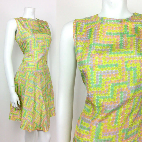 VINTAGE 60s 70s ABSTRACT FLORAL GREEN PINK PURPLE PSYCHEDELIC ACID DRESS 10 12