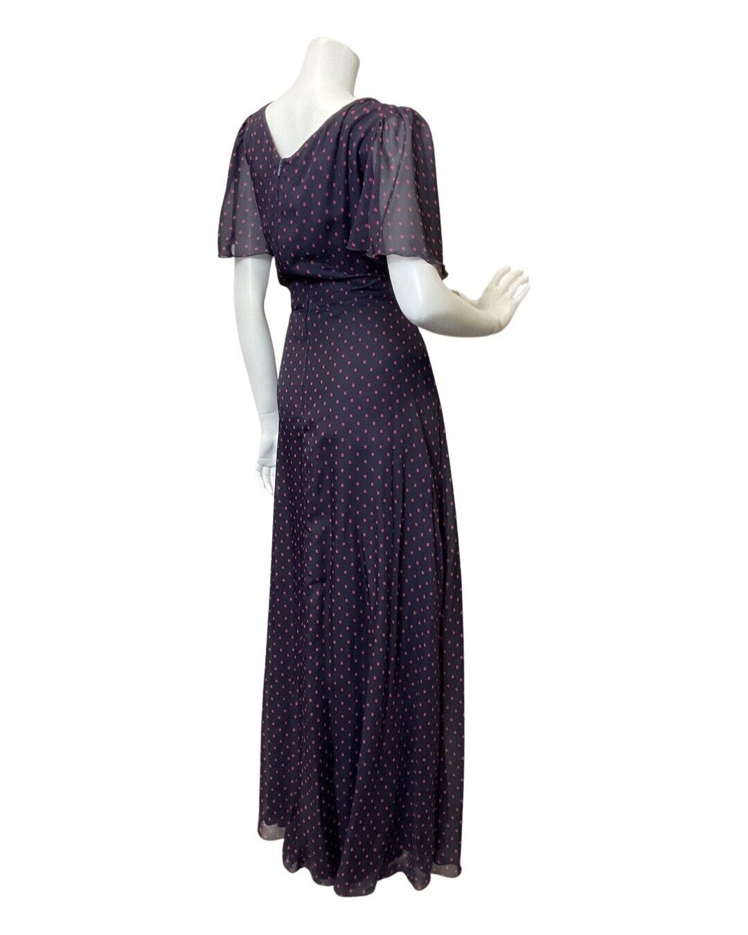 VINTAGE 60s 70s NAVY BLUE PINK SQUARE POLKA-DOT SHEER GOWN MAXI DRESS 10 12