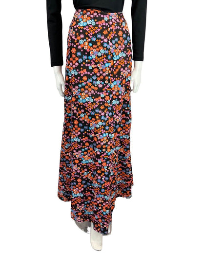 VTG 60s 70s BLACK PINK ORANGE BLUE FLORAL DAISY PRINT BOHO FOLK MAXI SKIRT 12