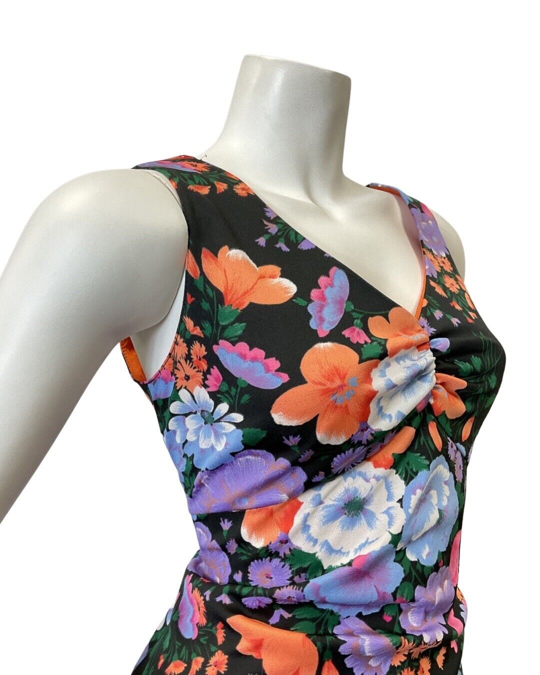 VNITAGE 60s 70s BLACK ORANGE PURPLE FLORAL DITSY SUMMER SLEEVELESS MAXI DRESS 12