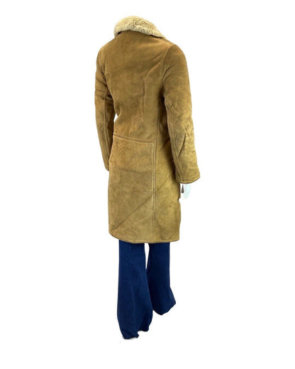 VINTAGE 60s 70s CAMEL BROWN DOUBLE BREASTED SHEEPSKIN SHEARLING COAT 10