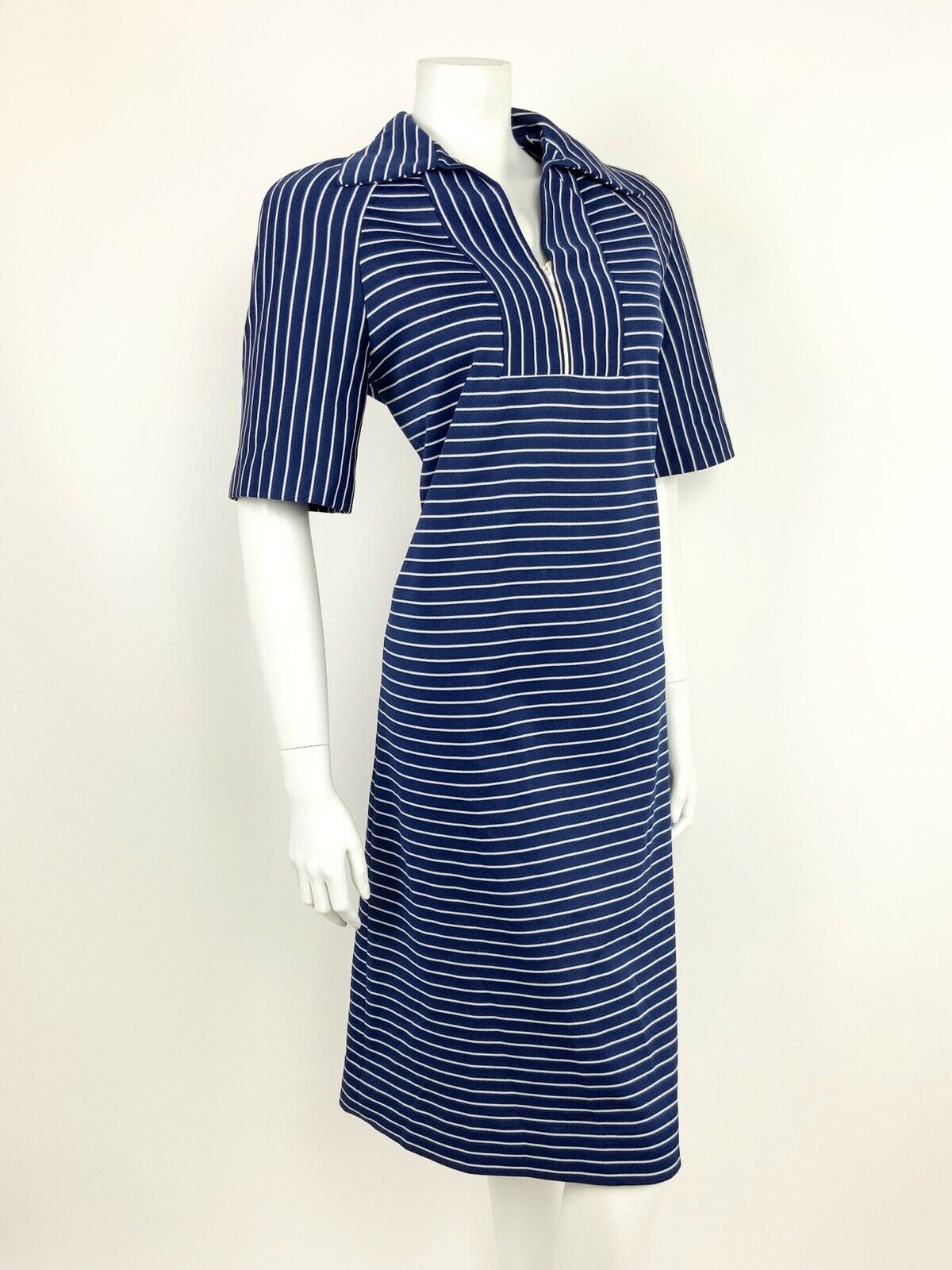 VTG 60s 70s NAVY BLUE WHITE STRIPED WING SHIRT COLLAR SHIFT DRESS 12 14 16