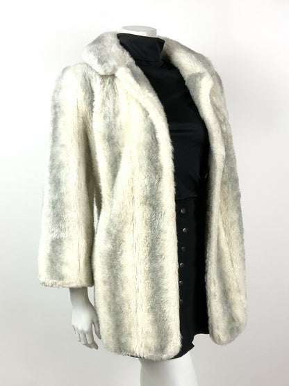 VINTAGE 60s 70s WHITE GREY BLACK STRIPED STUDIO 54 GLAM FAUX FUR COAT 14 16