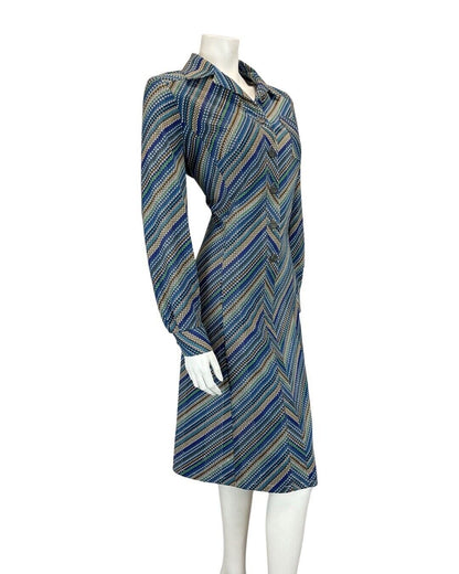 VINTAGE 60s 70s BLUE GREEN YELLOW STRIPED DOTTY MOD SHIRT DRESS 14