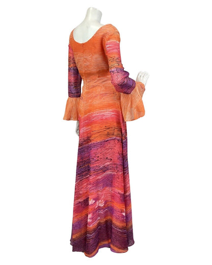 VINTAGE 60s 70s ORANGE PURPLE PINK STRIPED WATERLILY MAXI DRESS 12 14