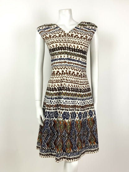 VINTAGE 60s 70s WHITE BROWN BLUE ORANGE GEOMETRIC AZTEC SLEEVELESS DRESS 14 16