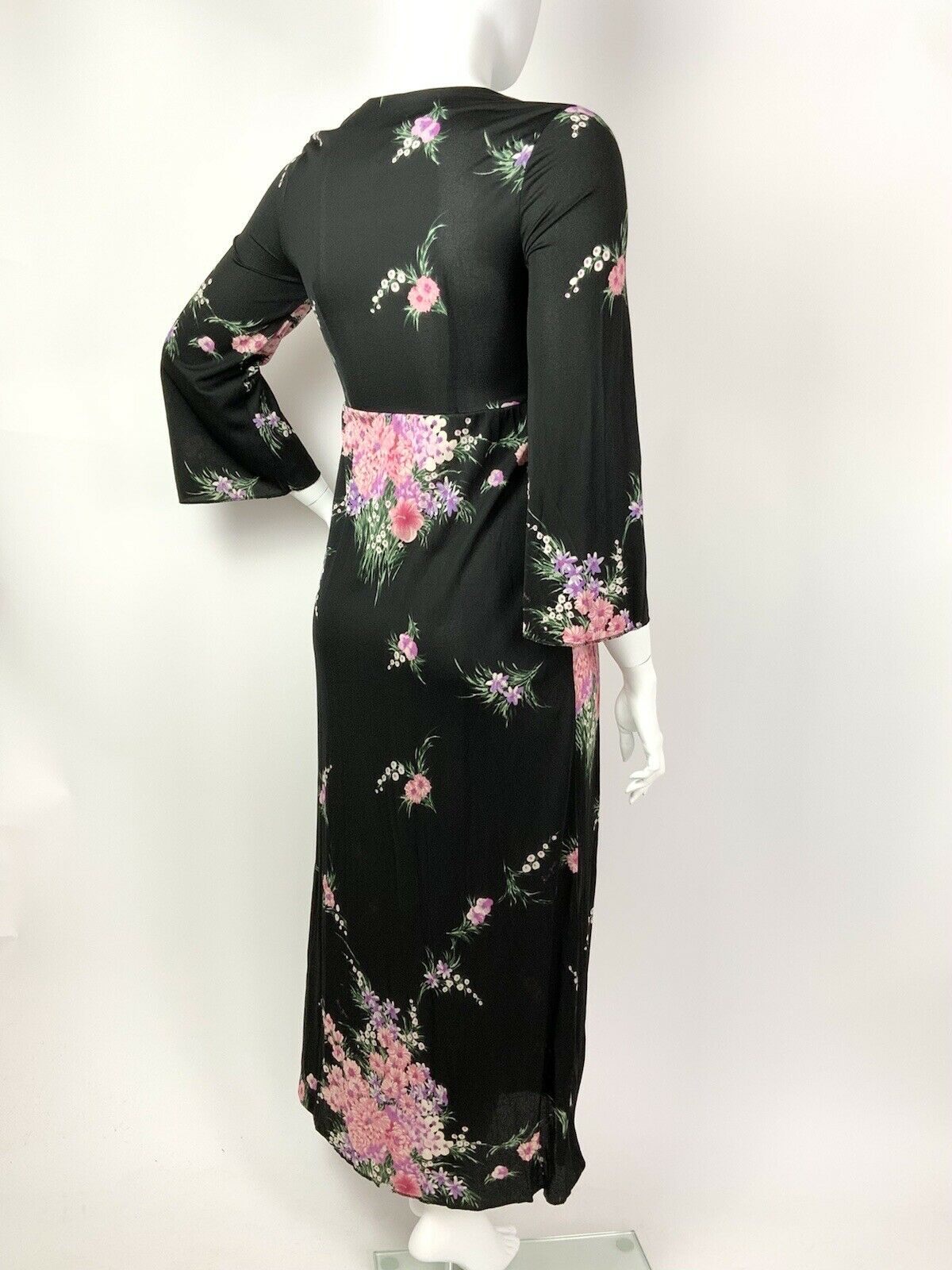 VINTAGE 60s 70s BLACK PASTEL PINK PURPLE GREEN FLORAL BOUQUET MAXI DRESS 14 16