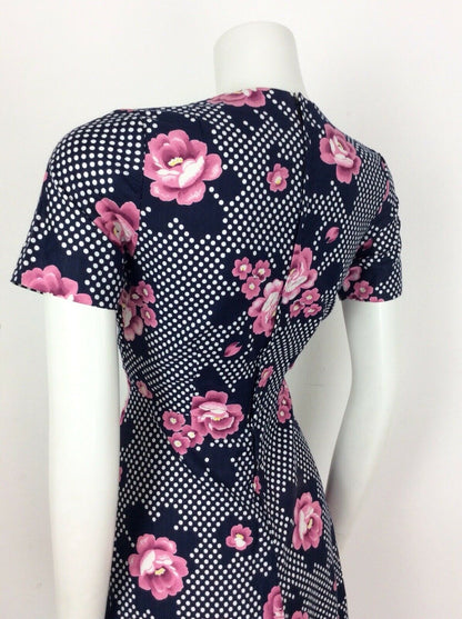 STUNNING VINTAGE 60S 70S POLKA DOT NAVY BLUE WHITE PINK FLORAL DRESS 8 10