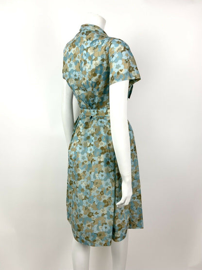 VTG 50s 60s BLUE BEIGE BROWN BELTED PSYCHEDELIC FLORAL PLEATED TEA DRESS 10