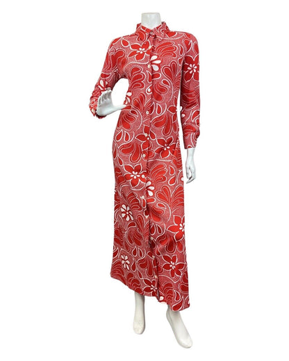 VINTAGE 60s 70s BRIGHT RED WHITE FLORAL DOTTY DAGGER COLLAR MOD MAXI DRESS 14