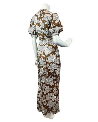 VINTAGE 60s 70s BROWN WHITE FLORAL ROSE BOHO PUFF SLEEVE MAXI DRESS 10 12