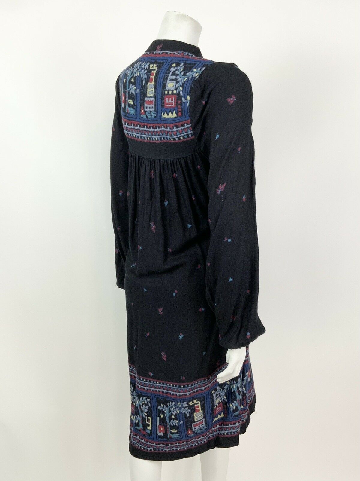 VINTAGE 60s 70s BLACK BLUE RED GEOMETRIC FLORAL KAFTAN BOHO FOLK DRESS 10 12